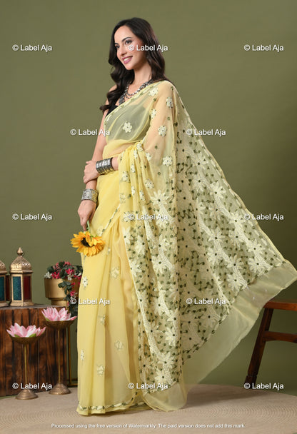 Georgette chikankari Saree with Attached Blouse Piece