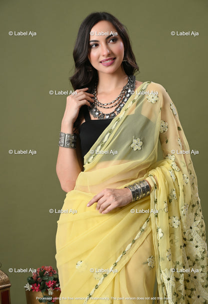 Georgette chikankari Saree with Attached Blouse Piece