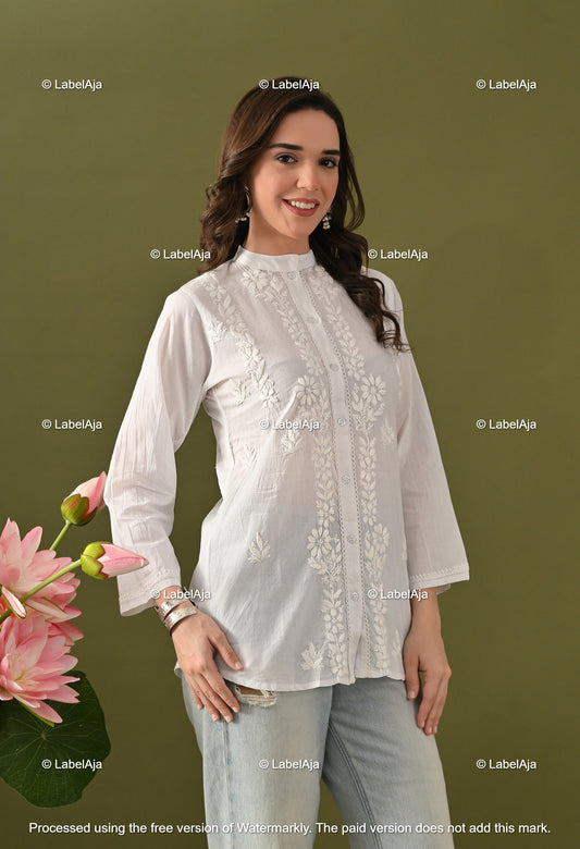 Tanvi mul cotton white chikankari shirt