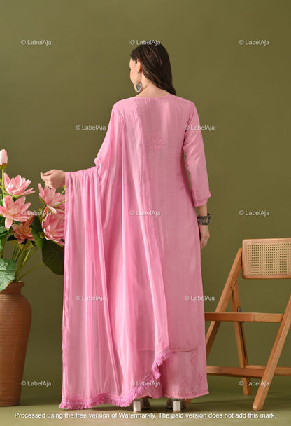 Lyla muslin chikanakri kurti, palazzo and dupatta set
