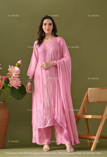 Lyla muslin chikanakri kurti, palazzo and dupatta set