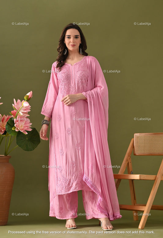 Lyla muslin chikanakri kurti, palazzo and dupatta set