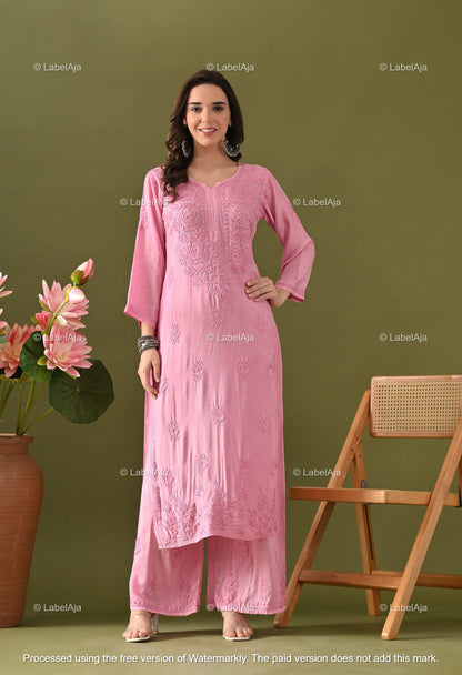 Lyla muslin chikanakri kurti, palazzo and dupatta set