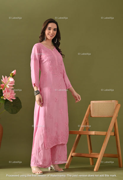 Lyla muslin chikanakri kurti, palazzo and dupatta set