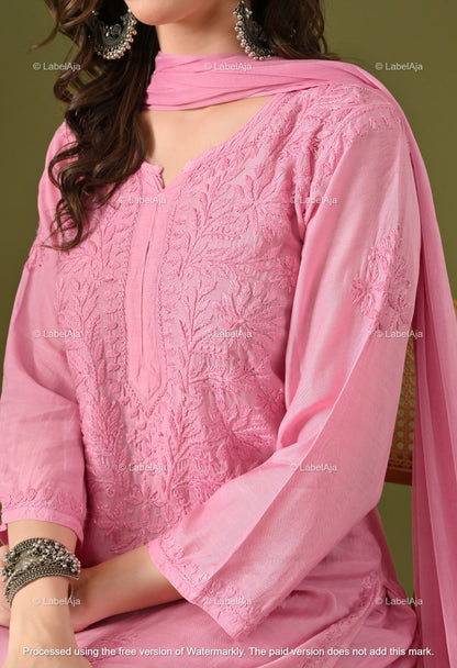 Lyla muslin chikanakri kurti, palazzo and dupatta set