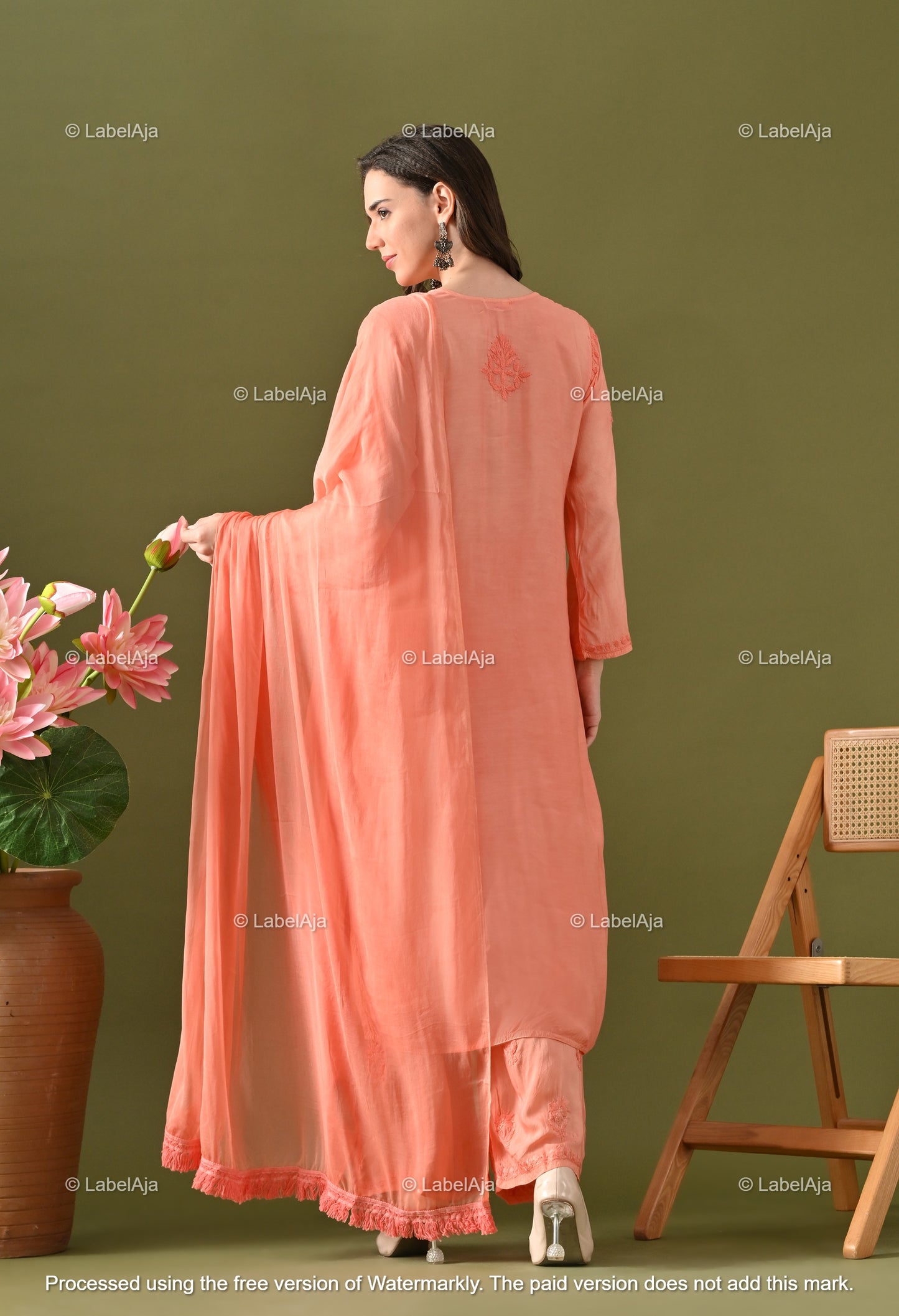 Lyla muslin chikankari kurti, palazzo and dupatta set