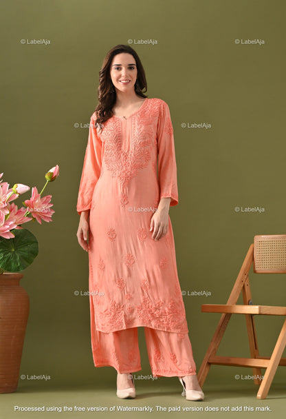 Lyla muslin chikankari kurti, palazzo and dupatta set