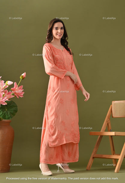 Lyla muslin chikankari kurti, palazzo and dupatta set