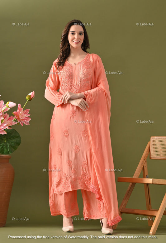 Lyla muslin chikankari kurti, palazzo and dupatta set