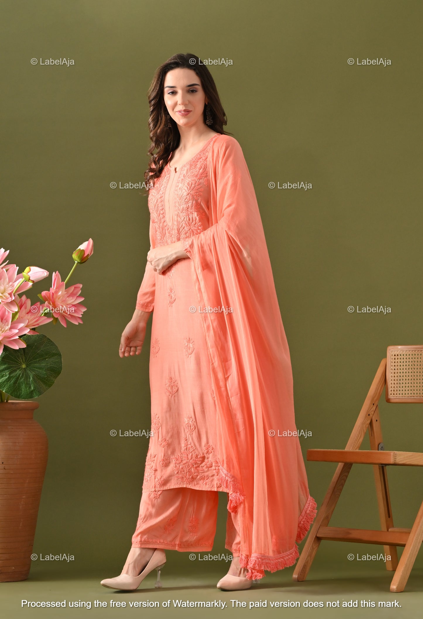 Lyla muslin chikankari kurti, palazzo and dupatta set