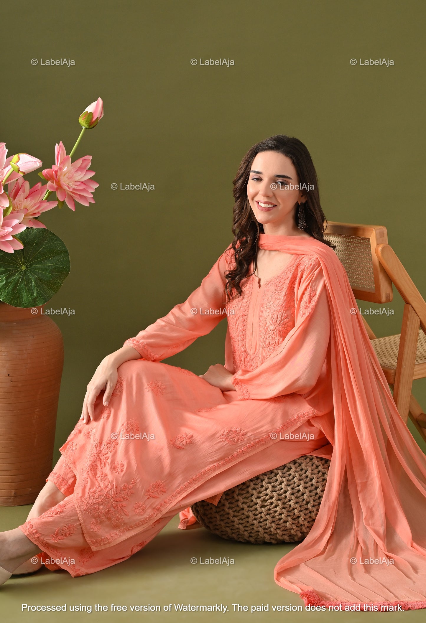 Lyla muslin chikankari kurti, palazzo and dupatta set