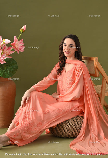 Lyla muslin chikankari kurti, palazzo and dupatta set