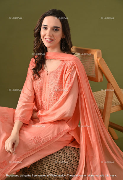 Lyla muslin chikankari kurti, palazzo and dupatta set