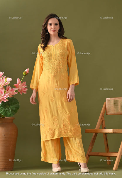 Lyla muslin chikankari kurti, palazzo and dupatta set