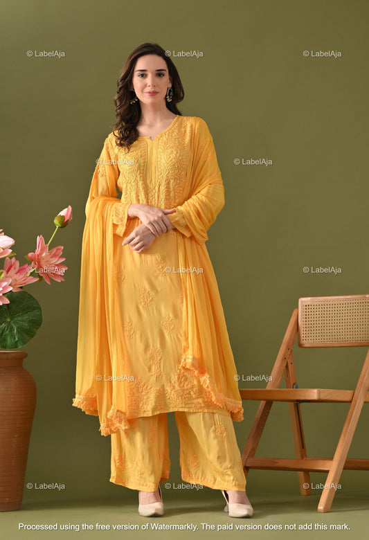 Lyla muslin chikankari kurti, palazzo and dupatta set