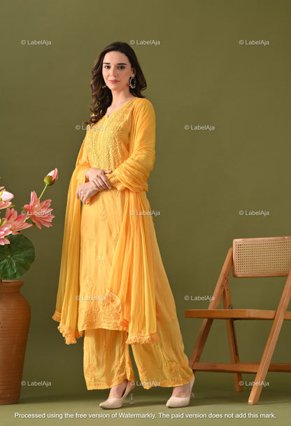 Lyla muslin chikankari kurti, palazzo and dupatta set