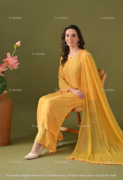 Lyla muslin chikankari kurti, palazzo and dupatta set
