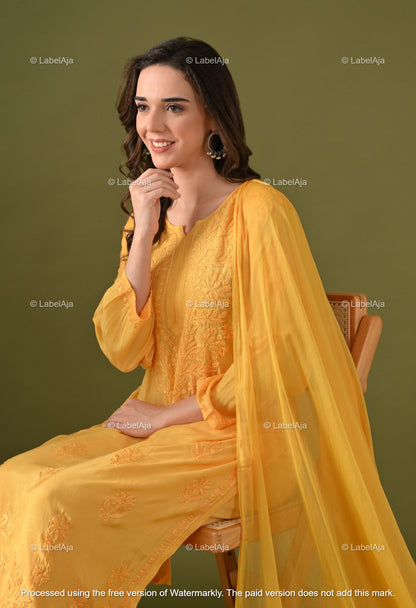 Lyla muslin chikankari kurti, palazzo and dupatta set