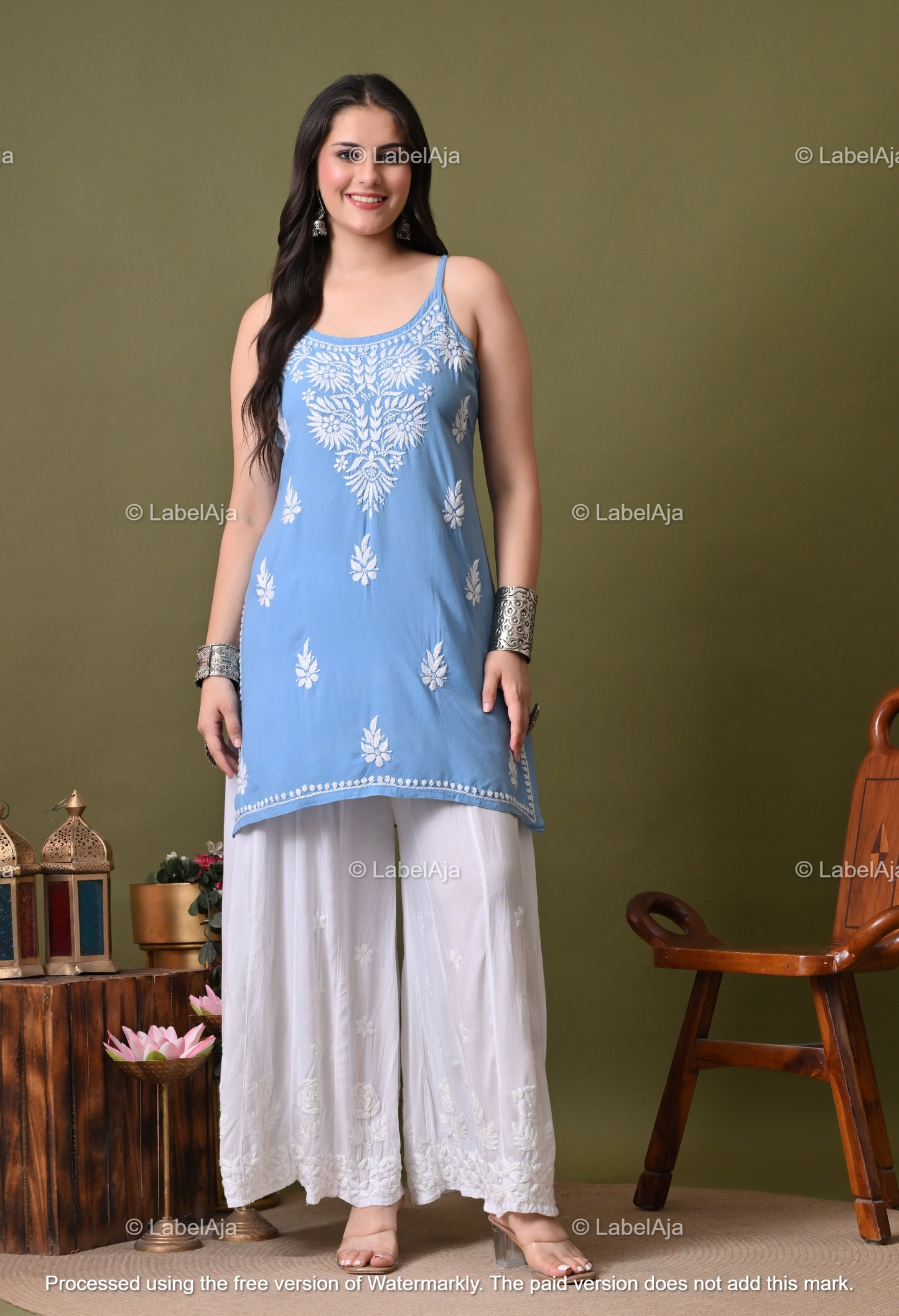 Niya rayon chikankari noodle strap short top