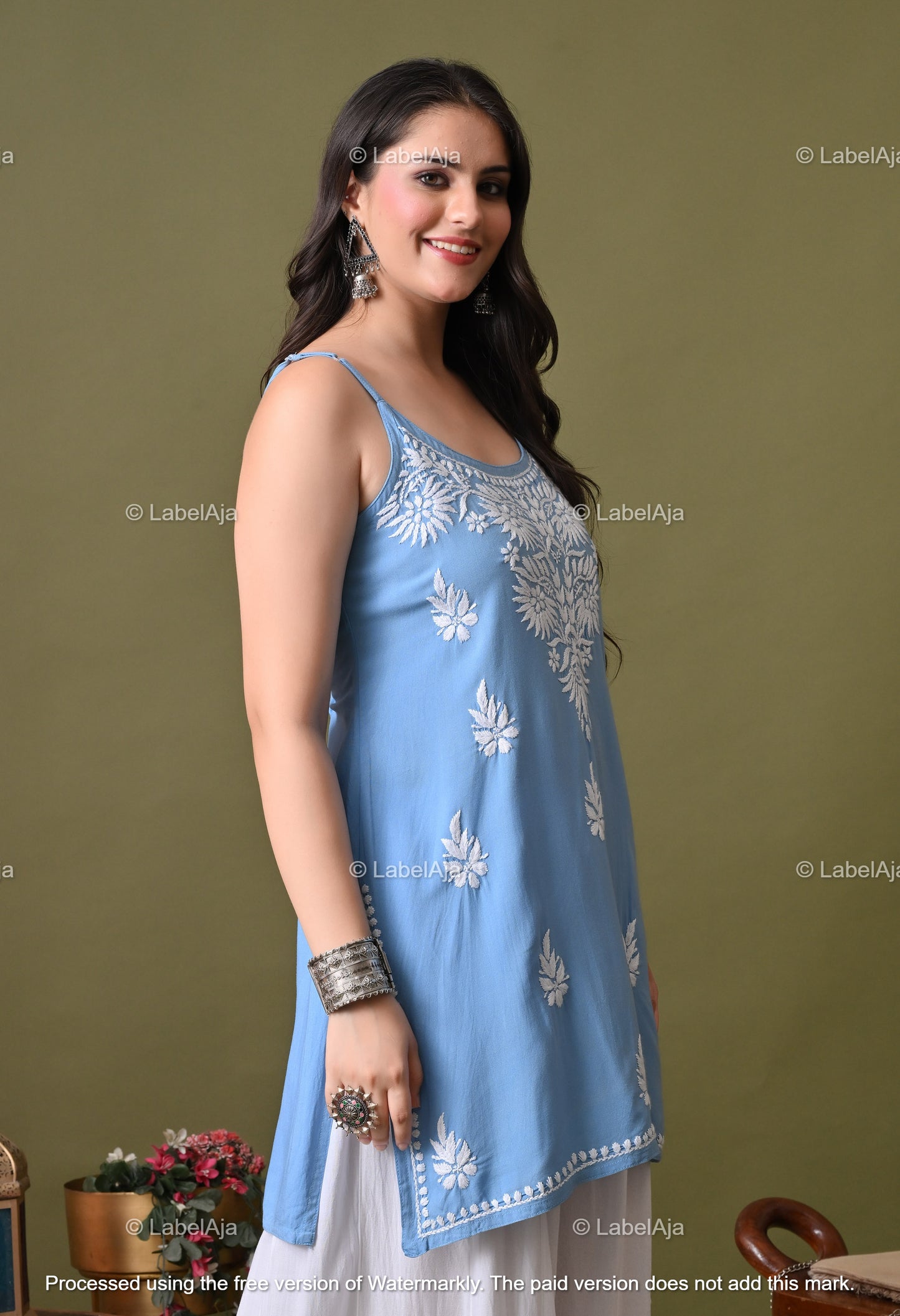 Niya rayon chikankari noodle strap short top