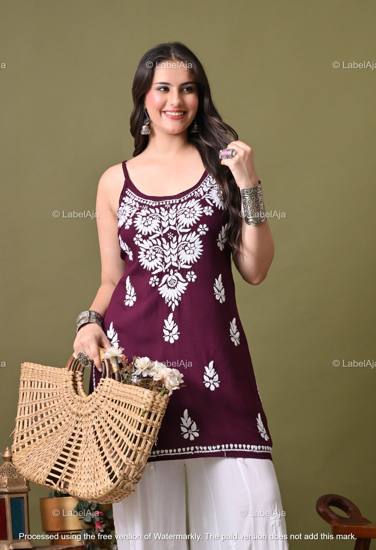 Niya rayon chikankari noodle strap short top