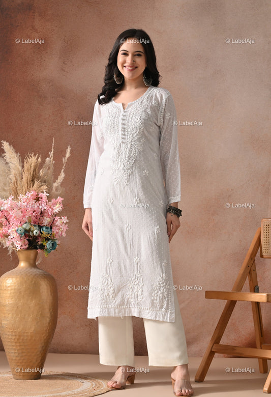 Avni White soft cotton long chikankari kurti