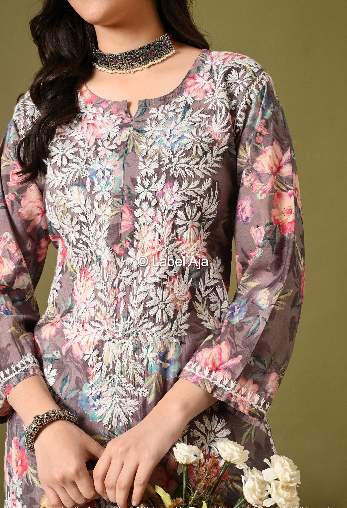 Gulzar Chanderi silk printed Chikankari kurti