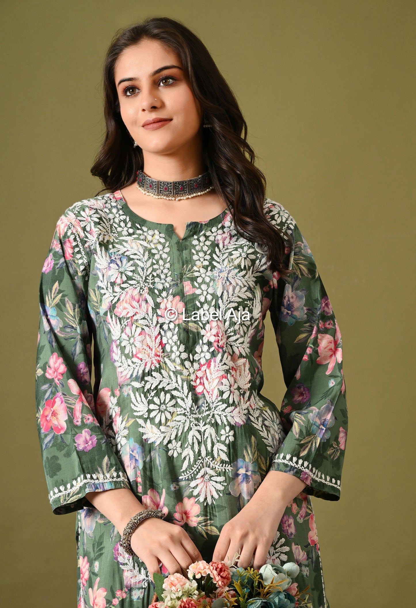 Gulzar Chanderi silk printed Chikankari kurti
