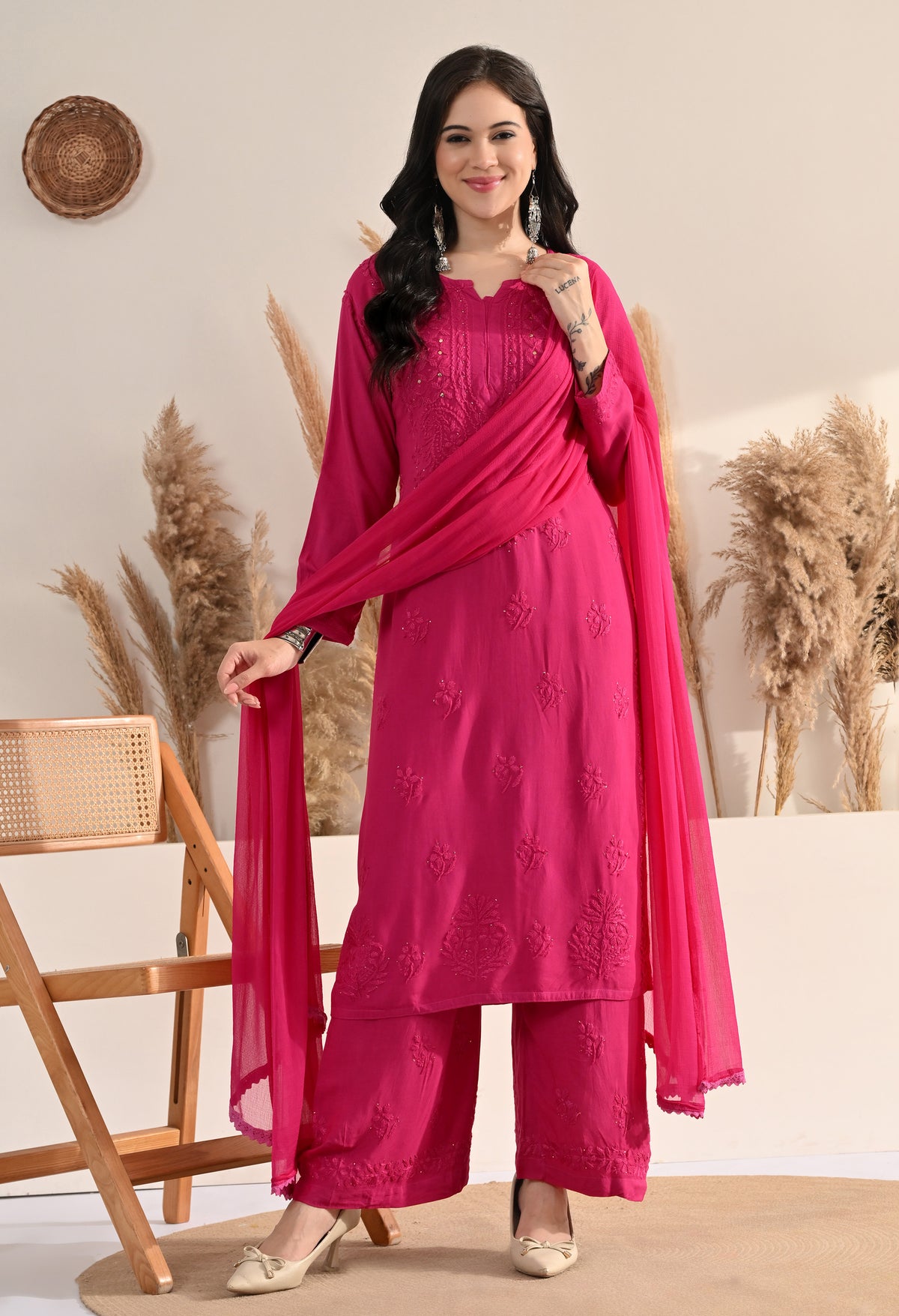 Palak Kurti, Palazzo and dupatta set with Mukaish work