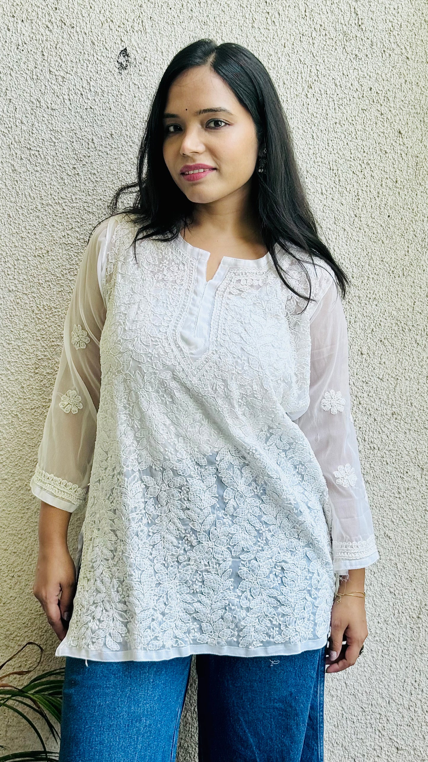 Georgette short chikankari top with matching liner