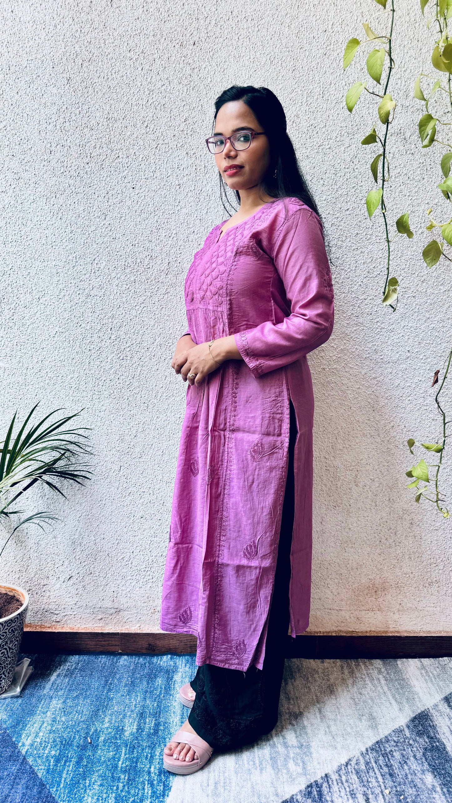 Chanderi silk Chikankari Long Nyra cut kurta