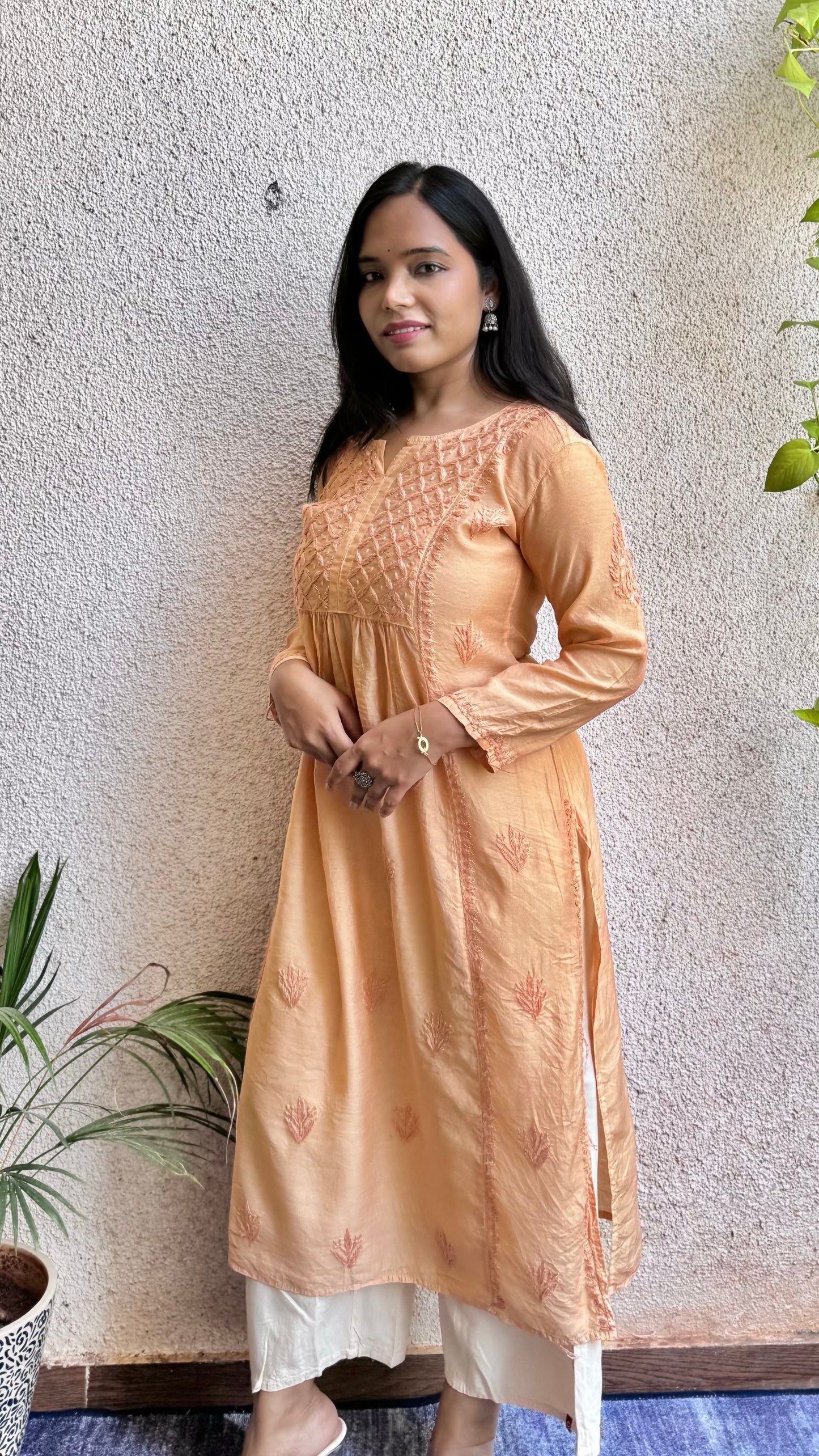 Chanderi silk Chikankari Long Nyra cut kurta