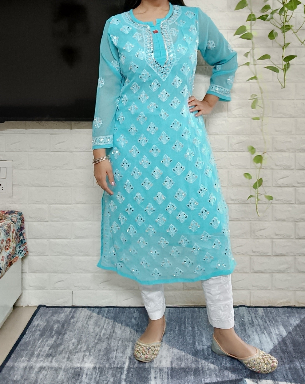 Georgette mirror work chikankari long kurta with matching liner