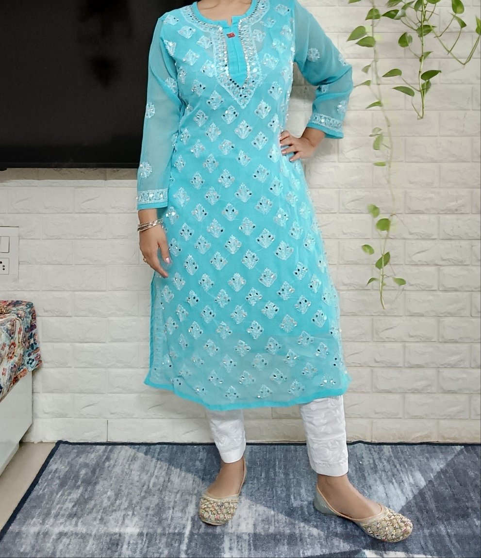 Georgette mirror work chikankari long kurta with matching liner