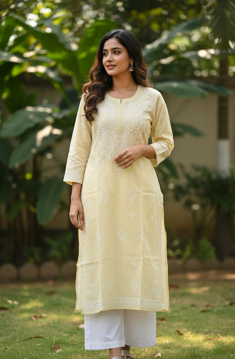Cotton chikankari kurti with matching slip