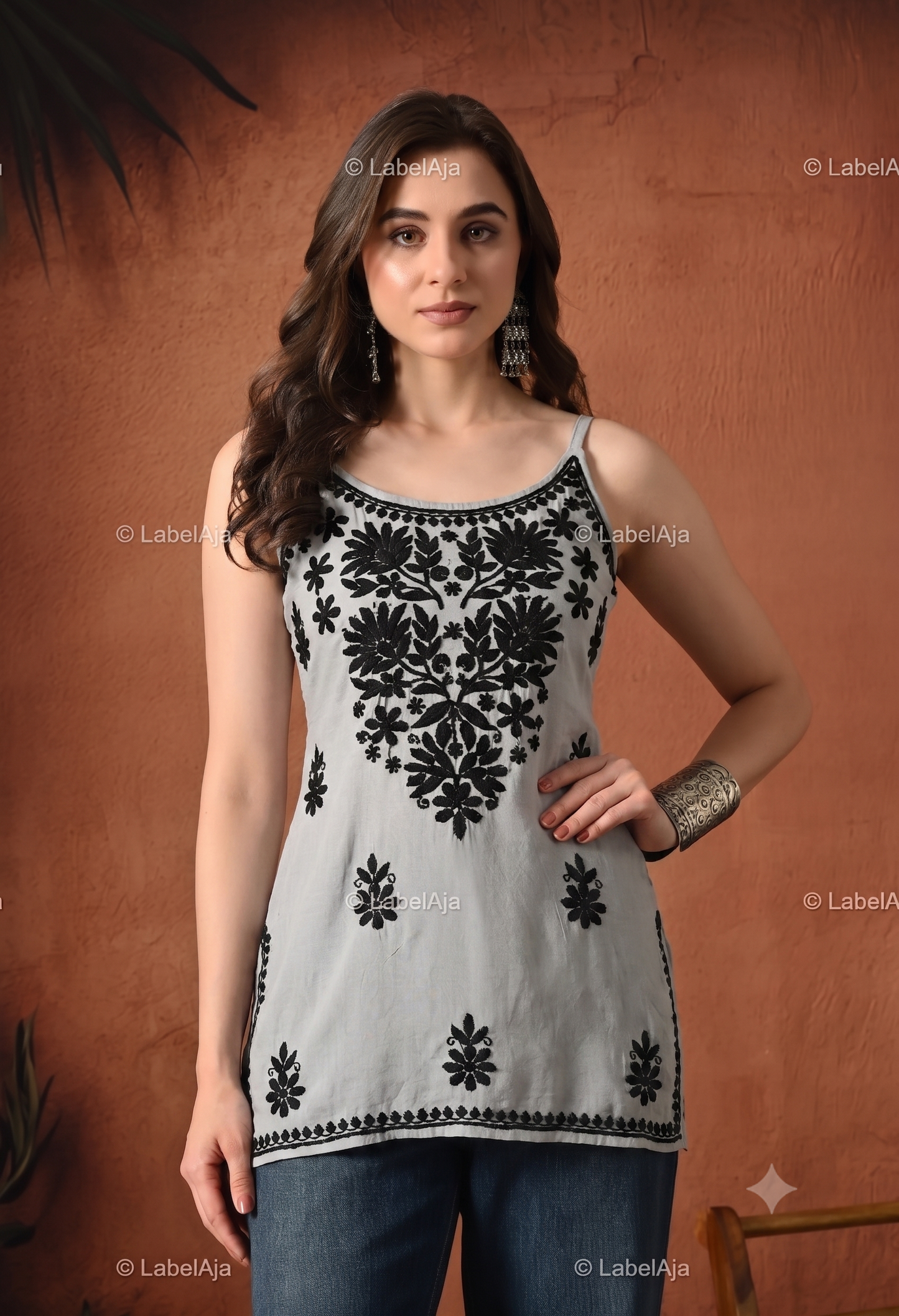 Rayon chikankari noodle strap short top Black