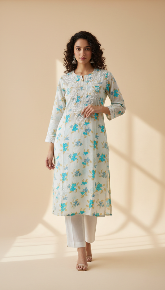 Label Aja Hand Embroidered Printed Mulmul Lucknowi chikankari long kurta