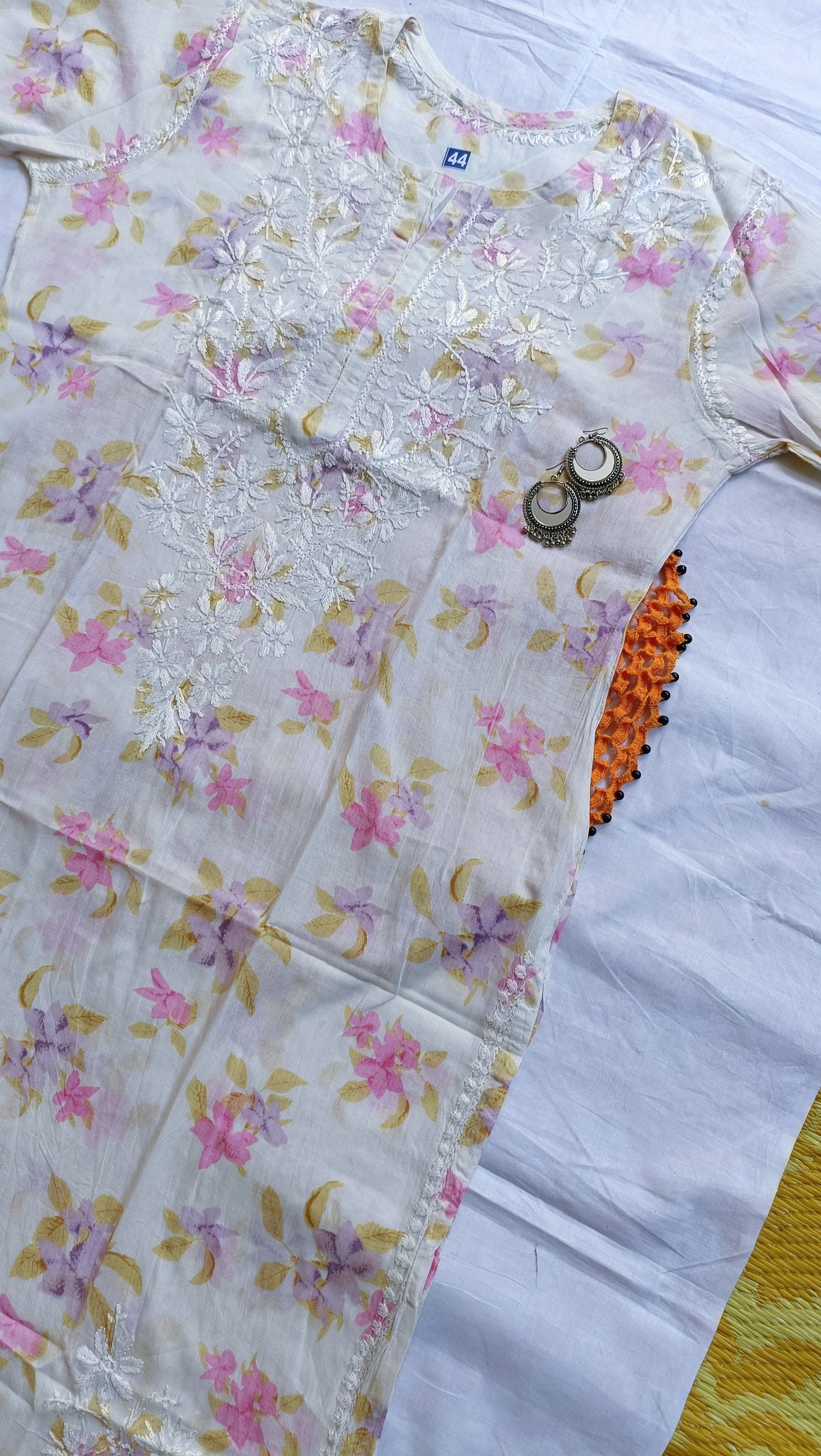 Label Aja Hand Embroidered Printed Mulmul Lucknowi Chikanakri long kurta - Label Aja Chikankari