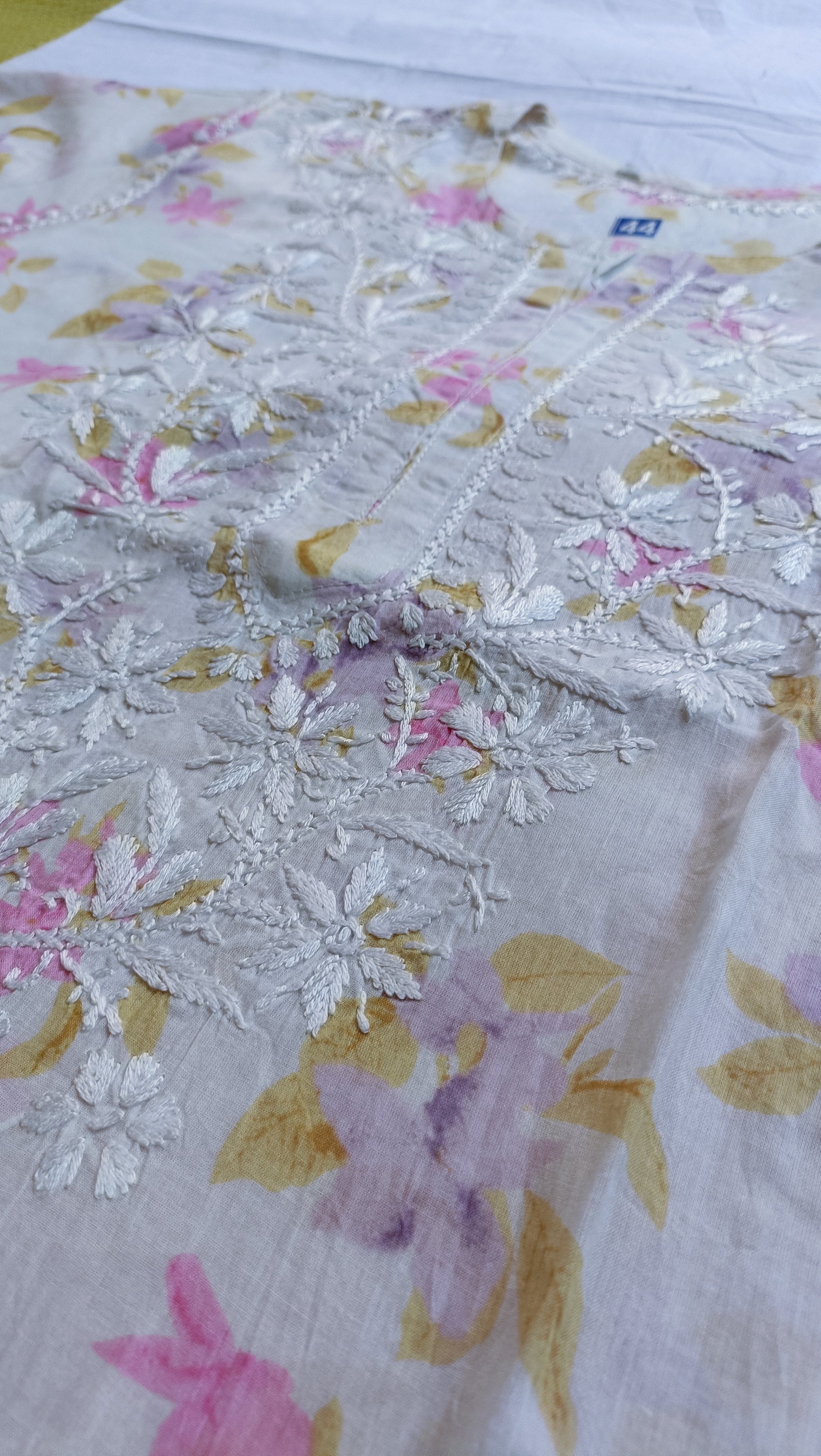 Label Aja Hand Embroidered Printed Mulmul Lucknowi Chikanakri long kurta - Label Aja Chikankari