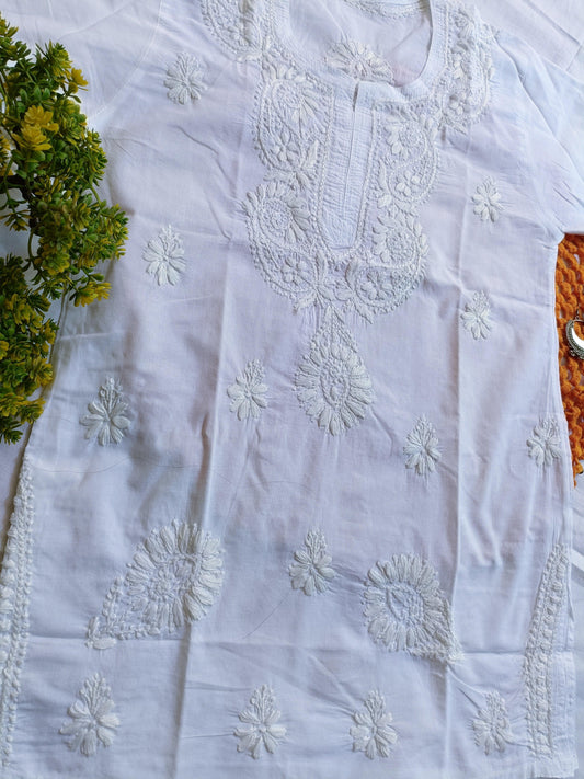 Label Aja Hand Embroidered Mul Cotton straight short kurti white - Label Aja Chikankari