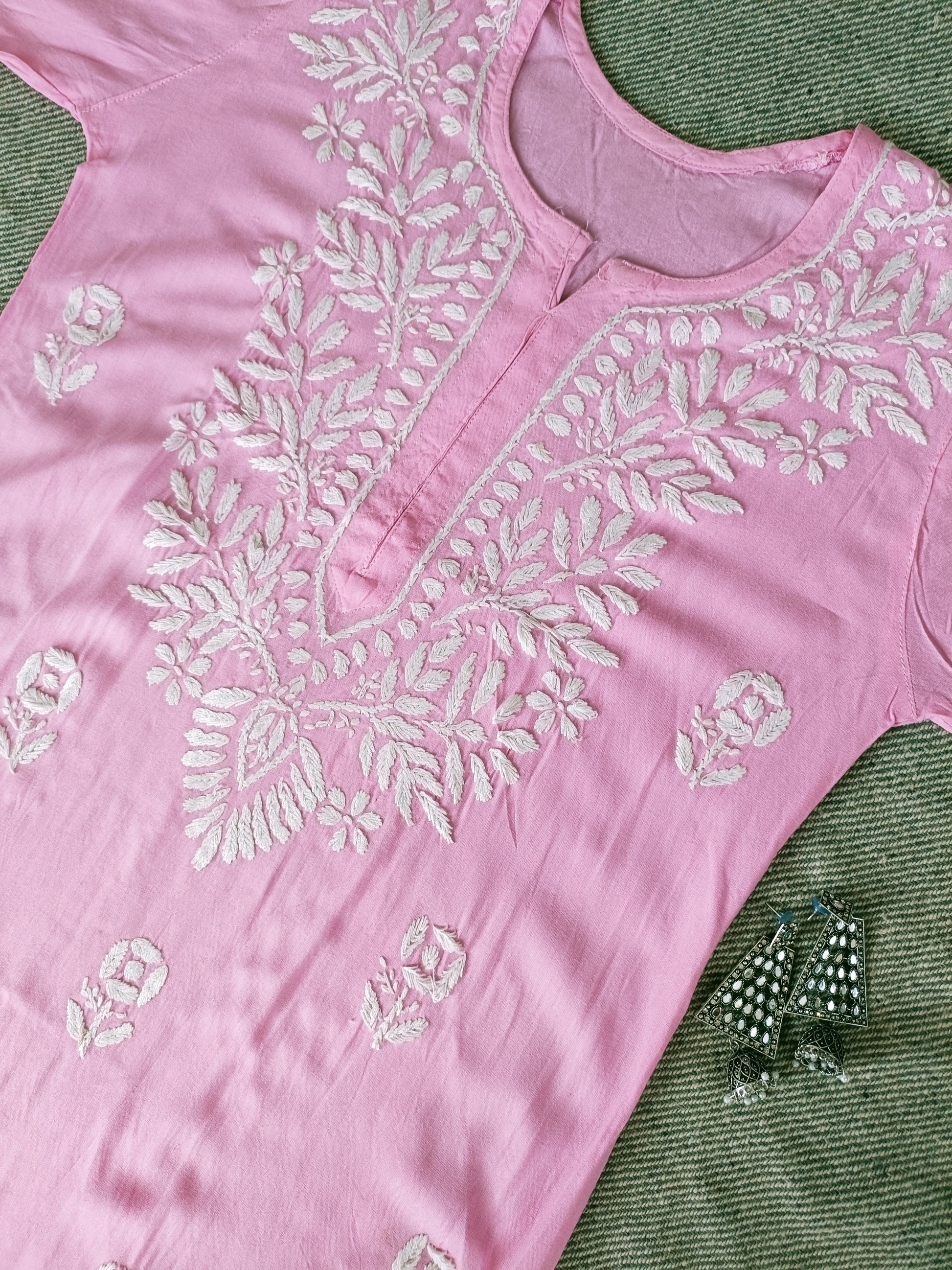 Label Aja Hand Embroidered Rayon cotton Lucknowi Chikankari Long Kurta - Label Aja Chikankari