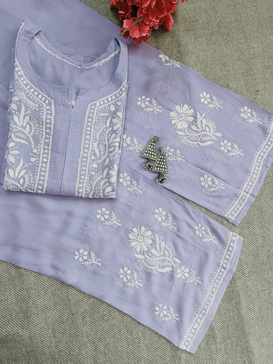 Label Aja Hand Embroidered Modal chikankari kurta set - Label Aja Chikankari