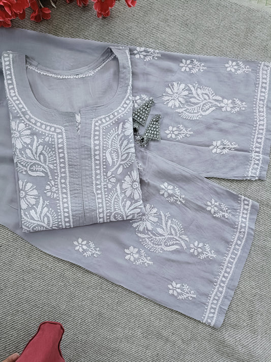 Label Aja Hand Embroidered Modal chikankari kurta set - Label Aja Chikankari