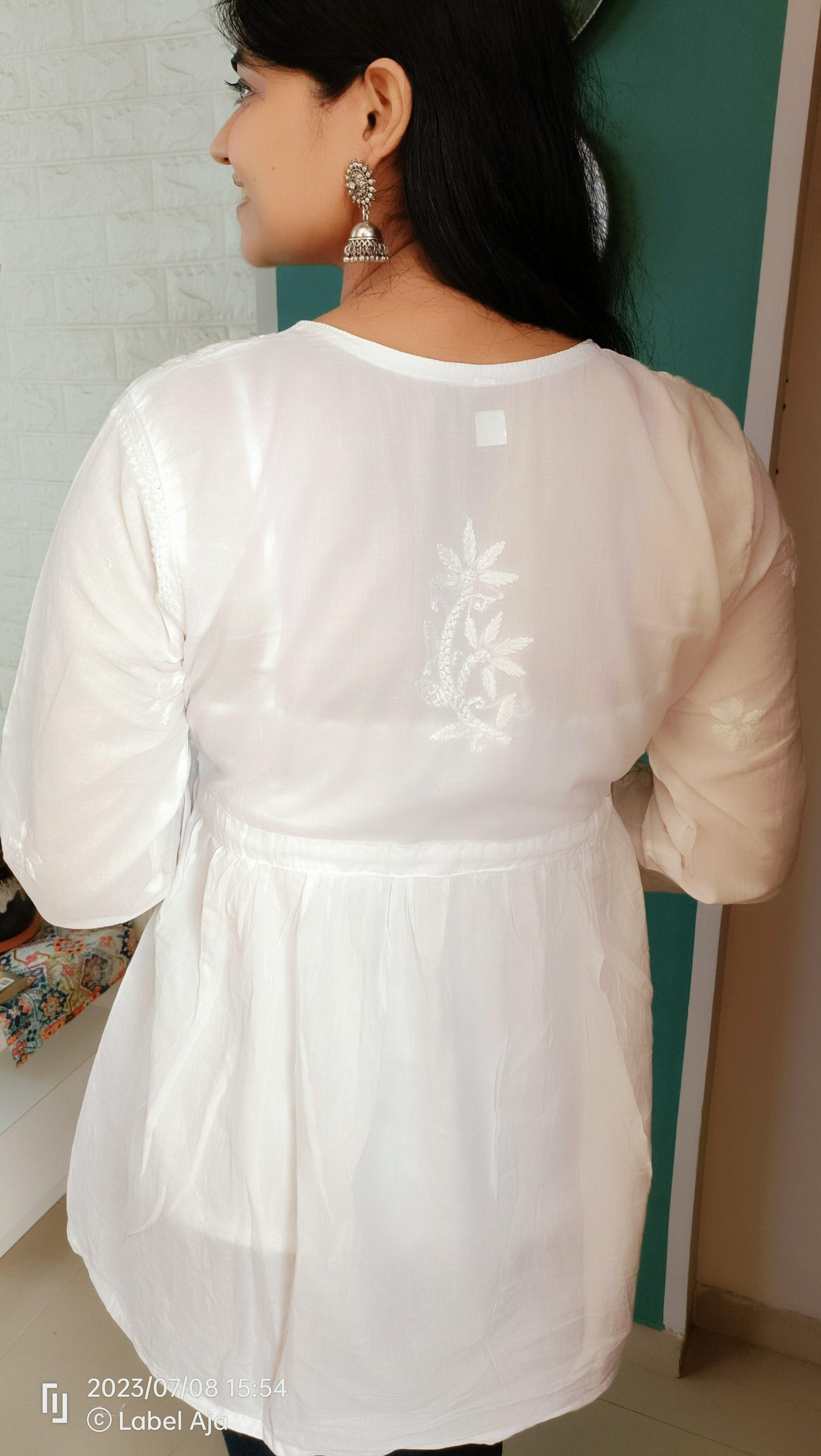 Label Aja Hand Embroidered Mul cotton angarkha short top white - Label Aja Chikankari