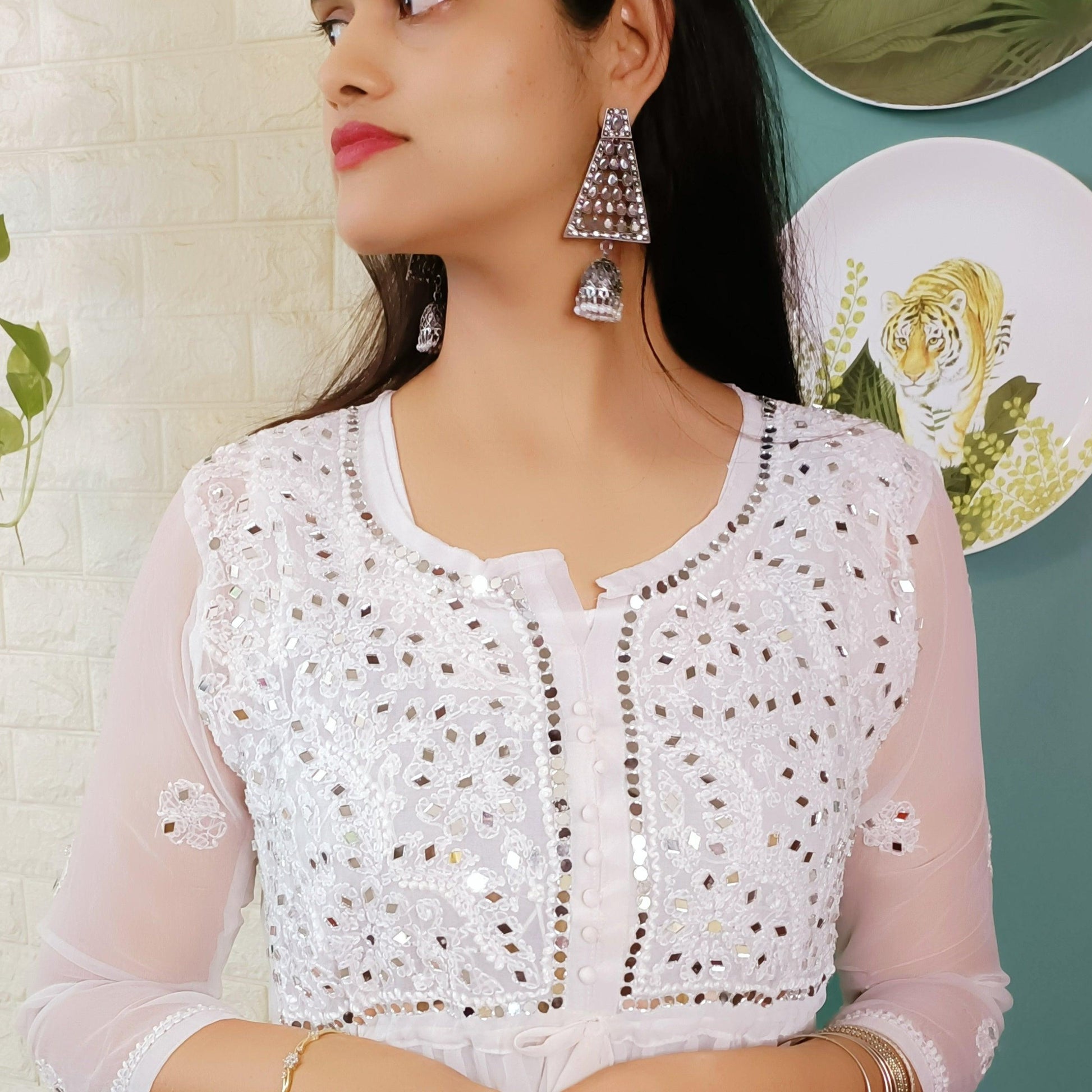 Label Aja Hand Embroidered Georgette chikankari short top with mirror - Label Aja Chikankari