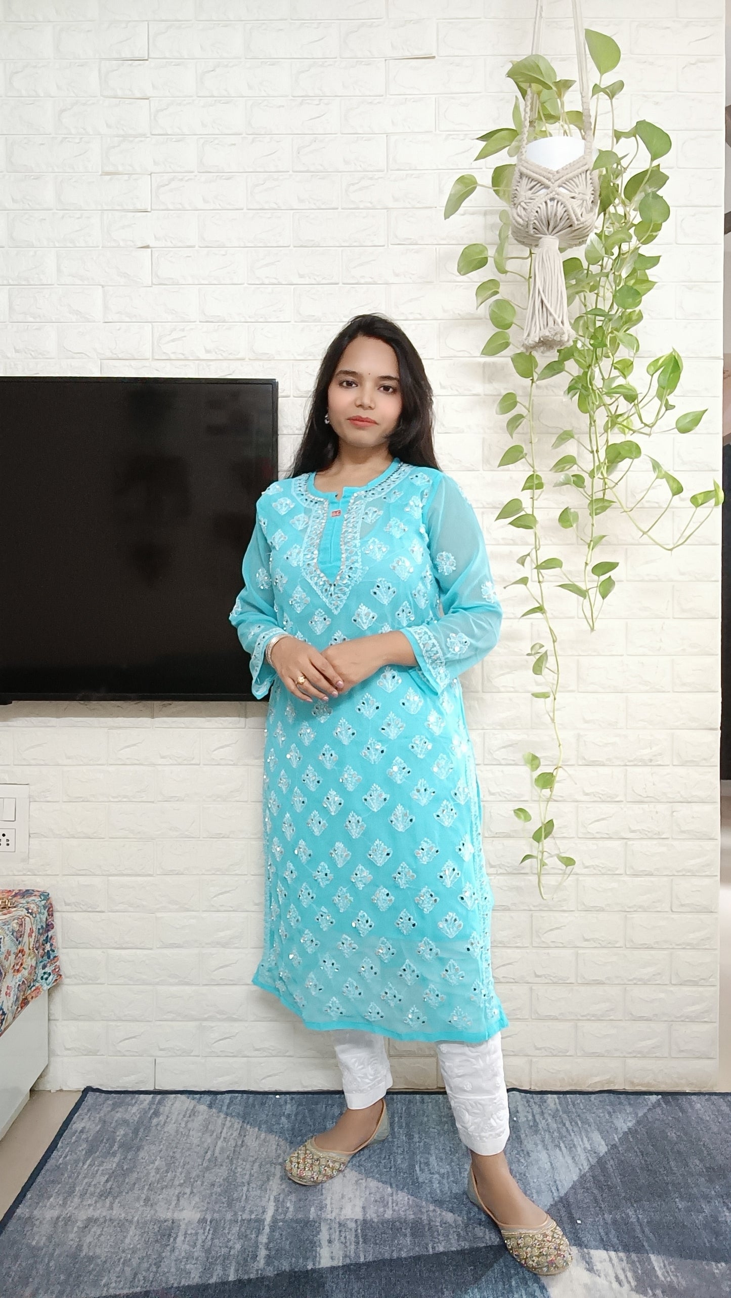 Label Aja Hand Embroidered Georgette long kurta with mirror - Label Aja Chikankari