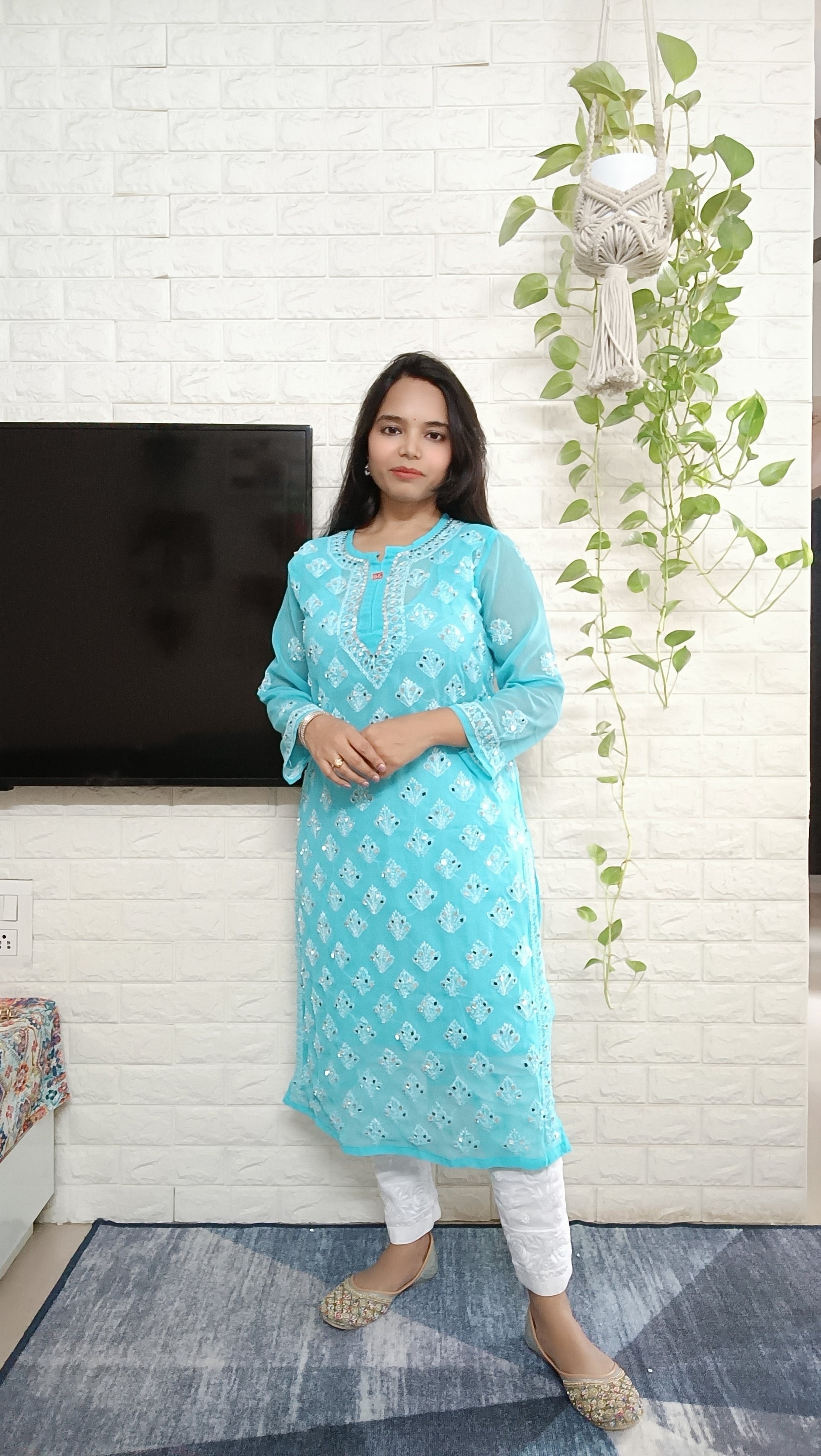 Label Aja Hand Embroidered Georgette long kurta with mirror - Label Aja Chikankari