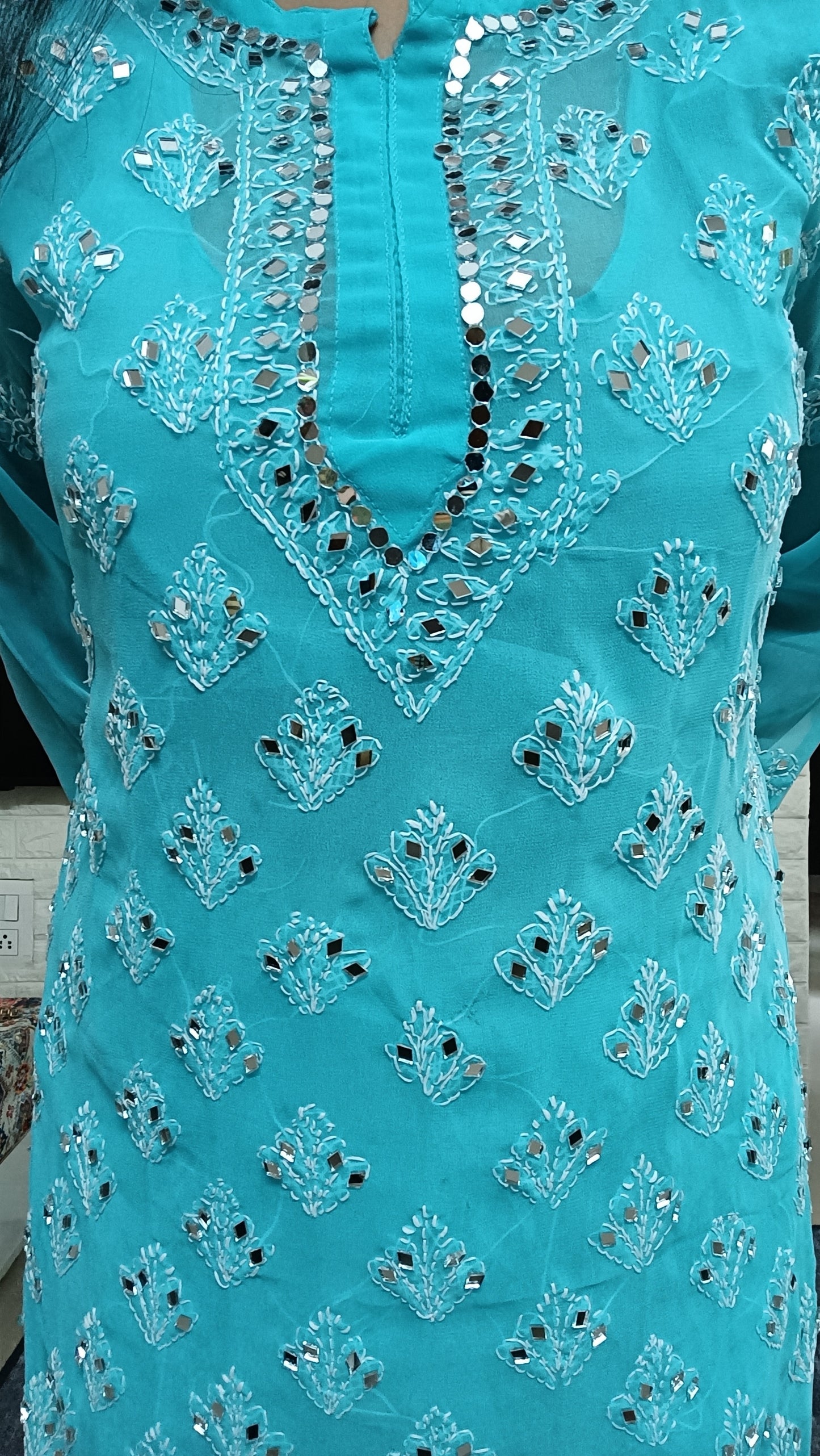Label Aja Hand Embroidered Georgette long kurta with mirror - Label Aja Chikankari