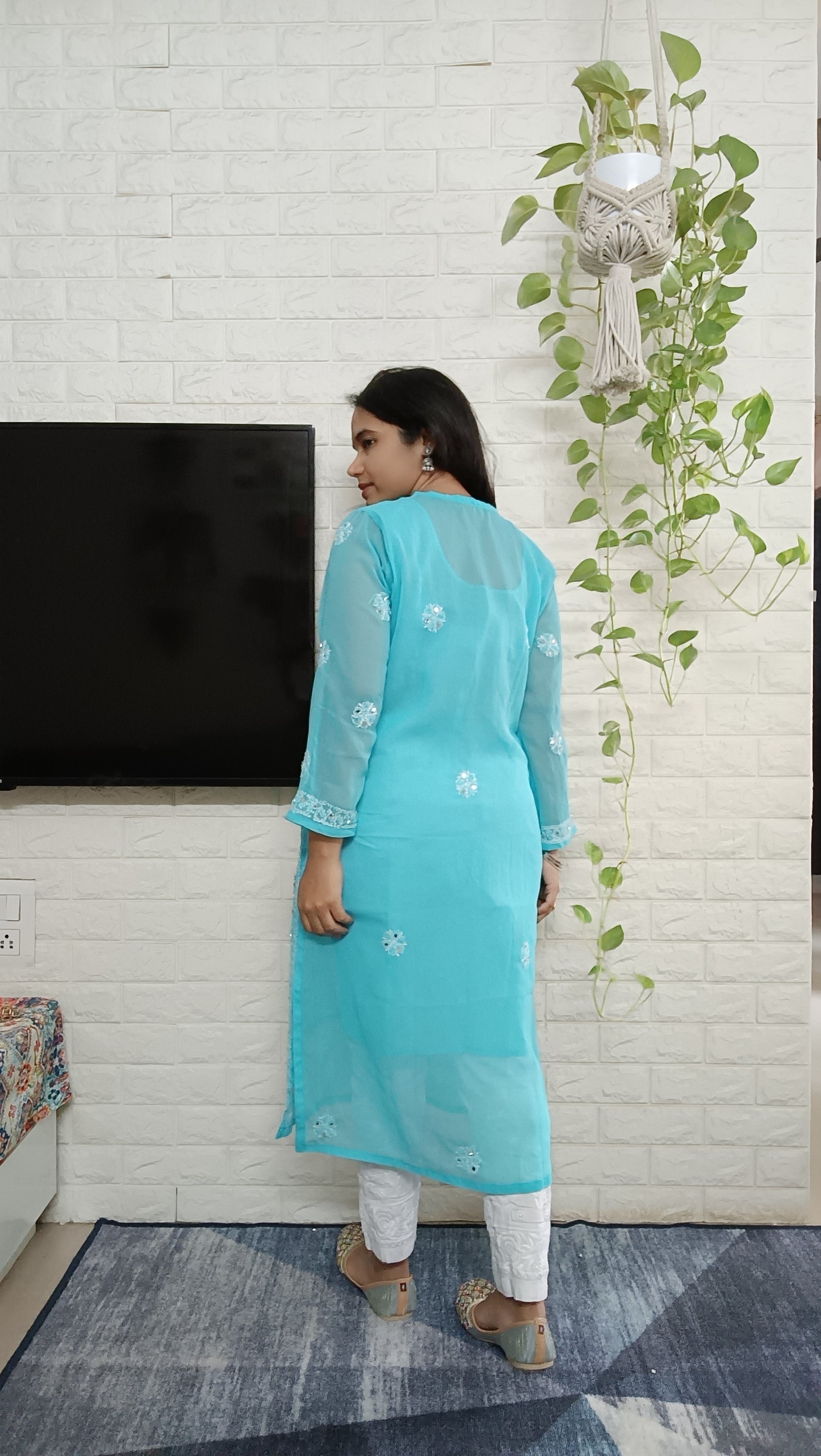 Label Aja Hand Embroidered Georgette long kurta with mirror - Label Aja Chikankari