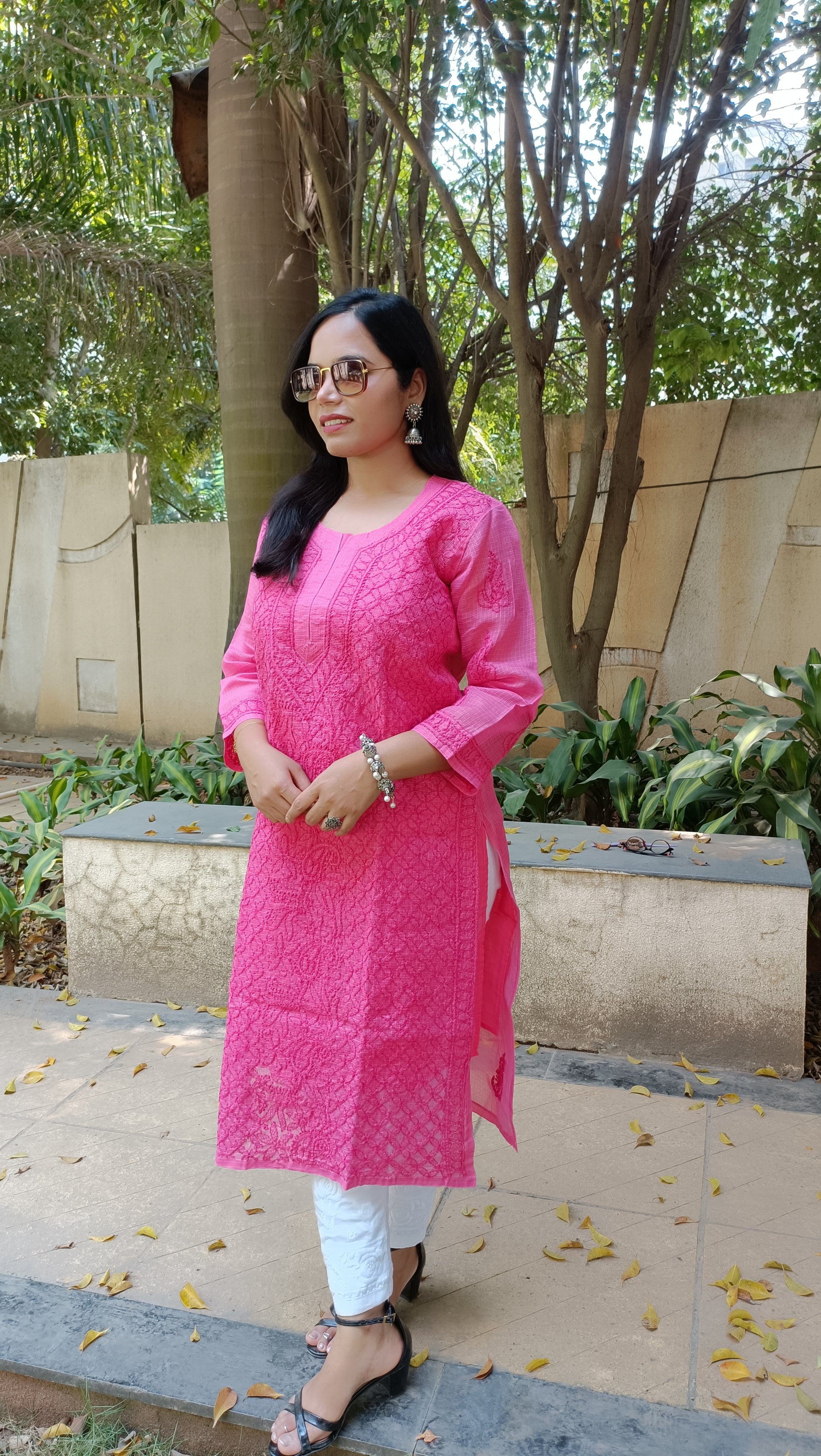 Label Aja Hand Embroidered Kota doria cotton Lucknowi Chikankari Long Kurta - Label Aja Chikankari